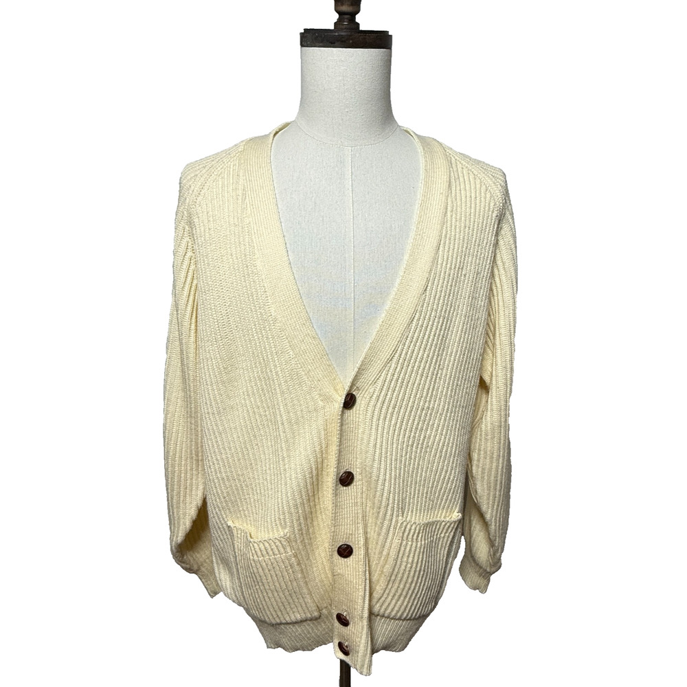 Vintage Claybrooke Cardigan Mens Medium Ivory Cream Button‎ Up Pockets